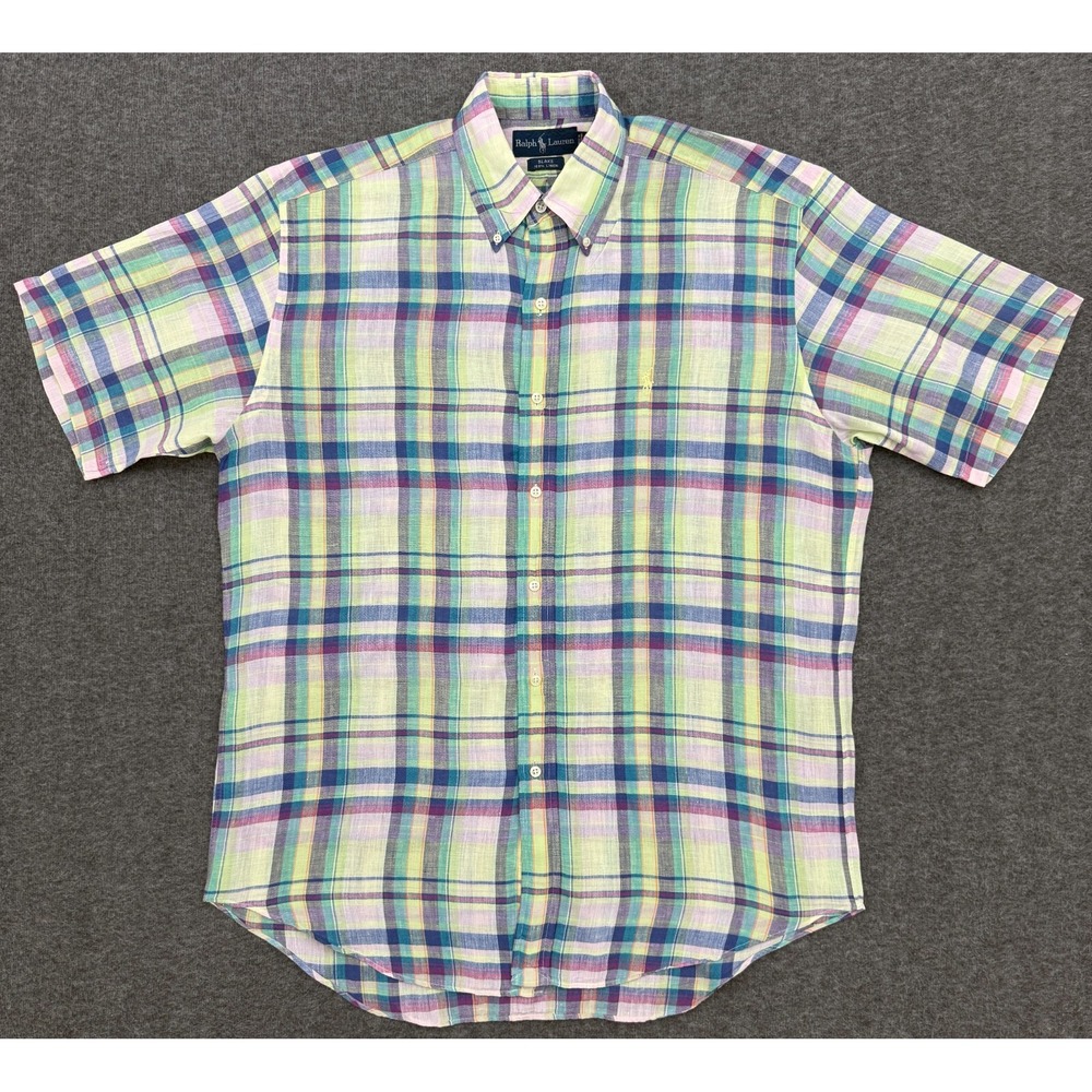 Vintage Ralph Lauren Blake Linen Shirt Mens Medium Multi Plaid Short Sleeve - Picture 2 of 10